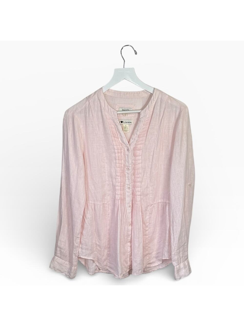 Malvin Love Linen Top Pintuck Peasant Button Up Tab Sleeve Pink W2130 Sz L
